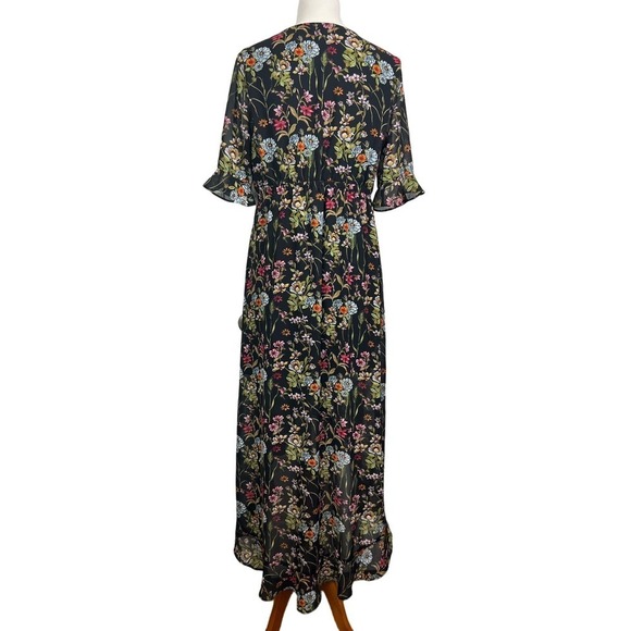 Jonathan Martin Black Floral V Neck Ruffle High/Low Maxi Dress Whimsy Fairy L - Picture 2 of 10